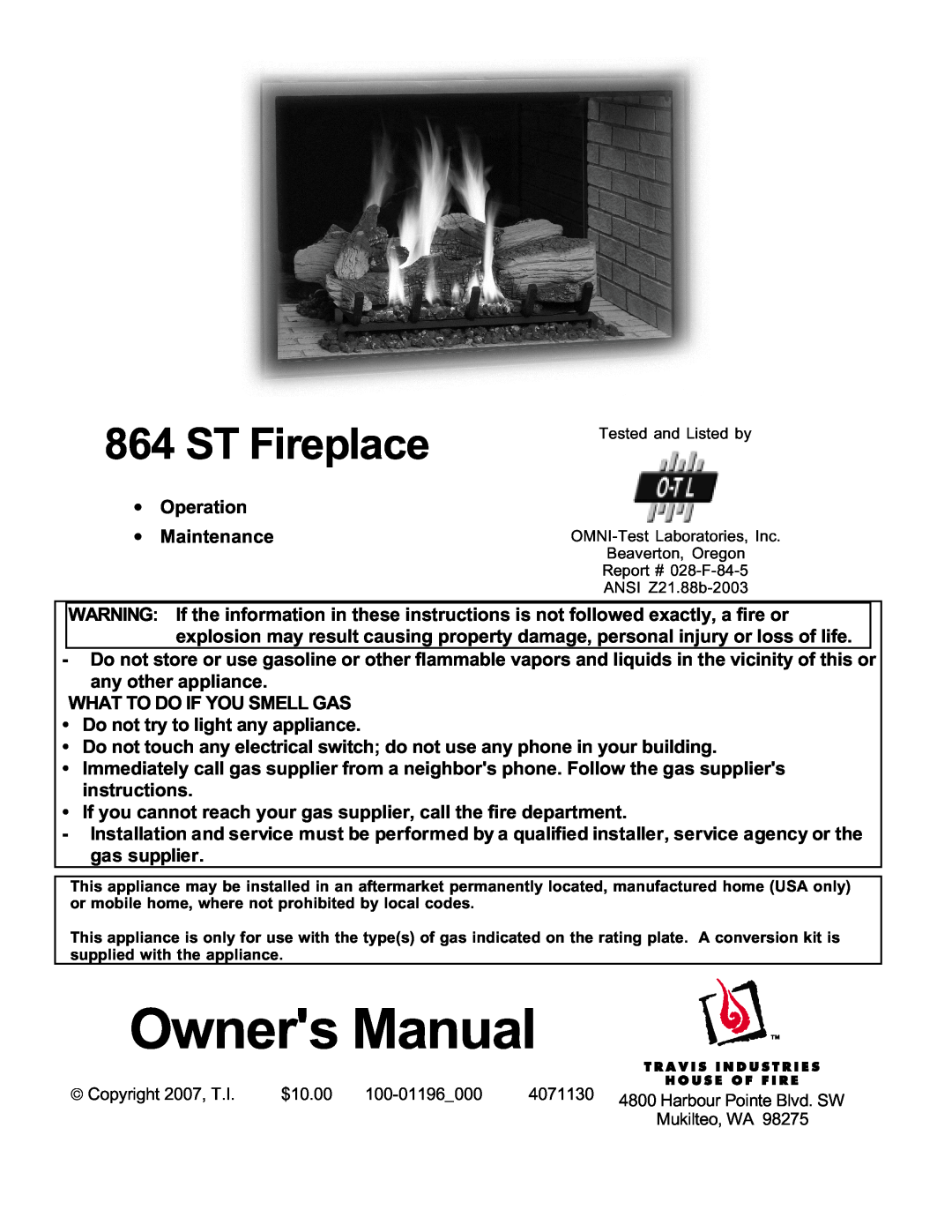 Lopi 864 ST owner manual ST Fireplace 