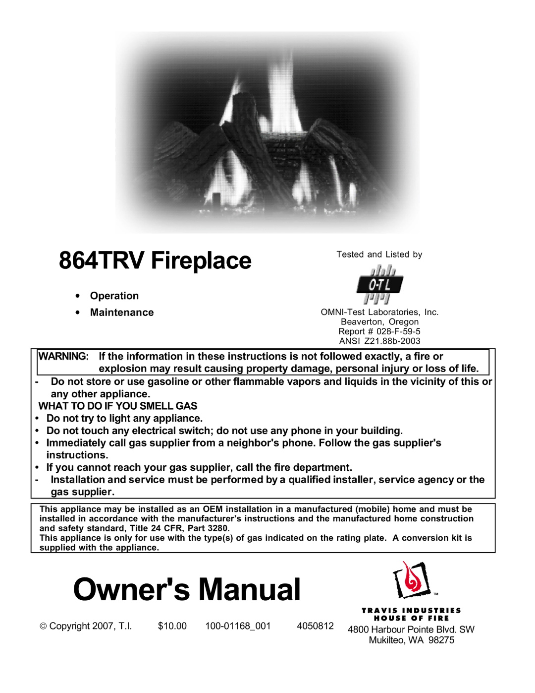 Lopi owner manual 864TRV Fireplace, Operation Maintenance 