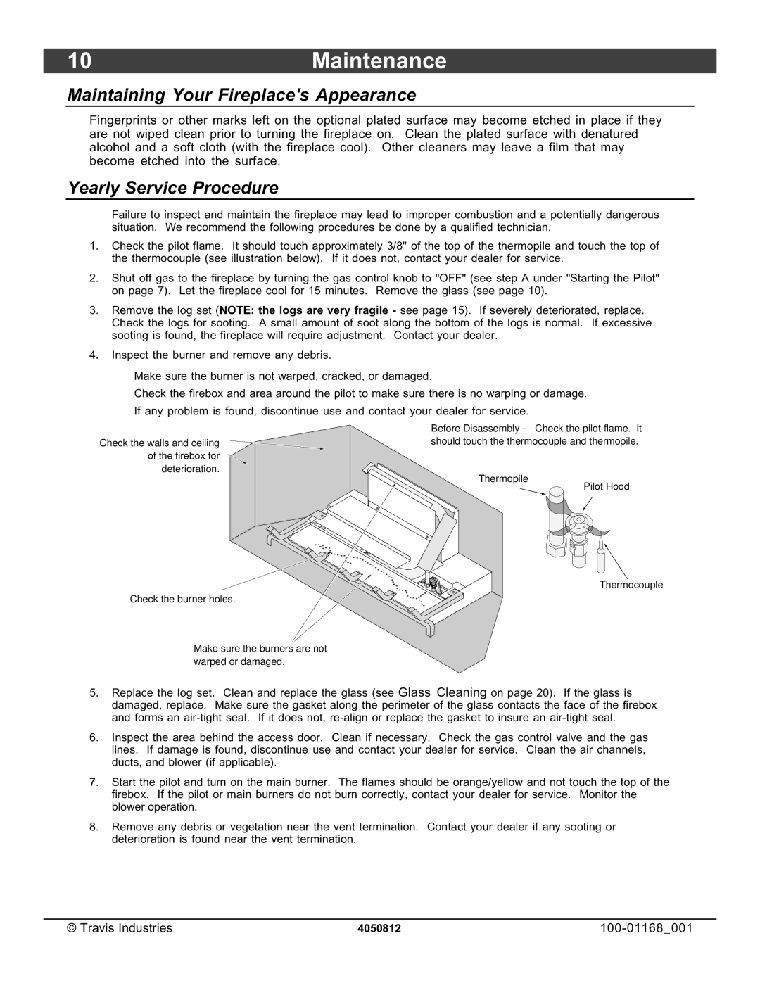 Lopi 864TRV owner manual 10Maintenance, Maintaining Your Fireplaces Appearance, Yearly Service Procedure 