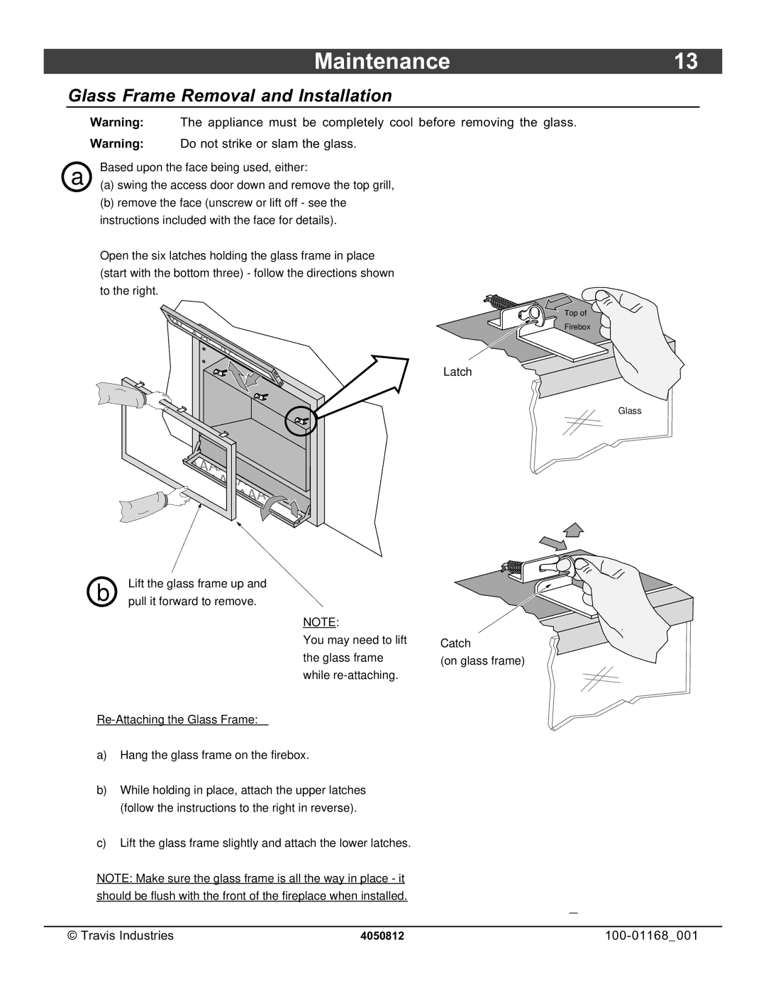 Lopi 864TRV owner manual Maintenance13, Glass Frame Removal and Installation 