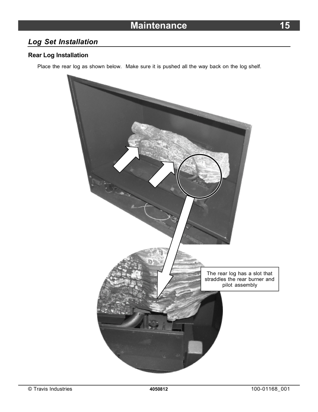 Lopi 864TRV owner manual Maintenance15, Log Set Installation, Rear Log Installation 