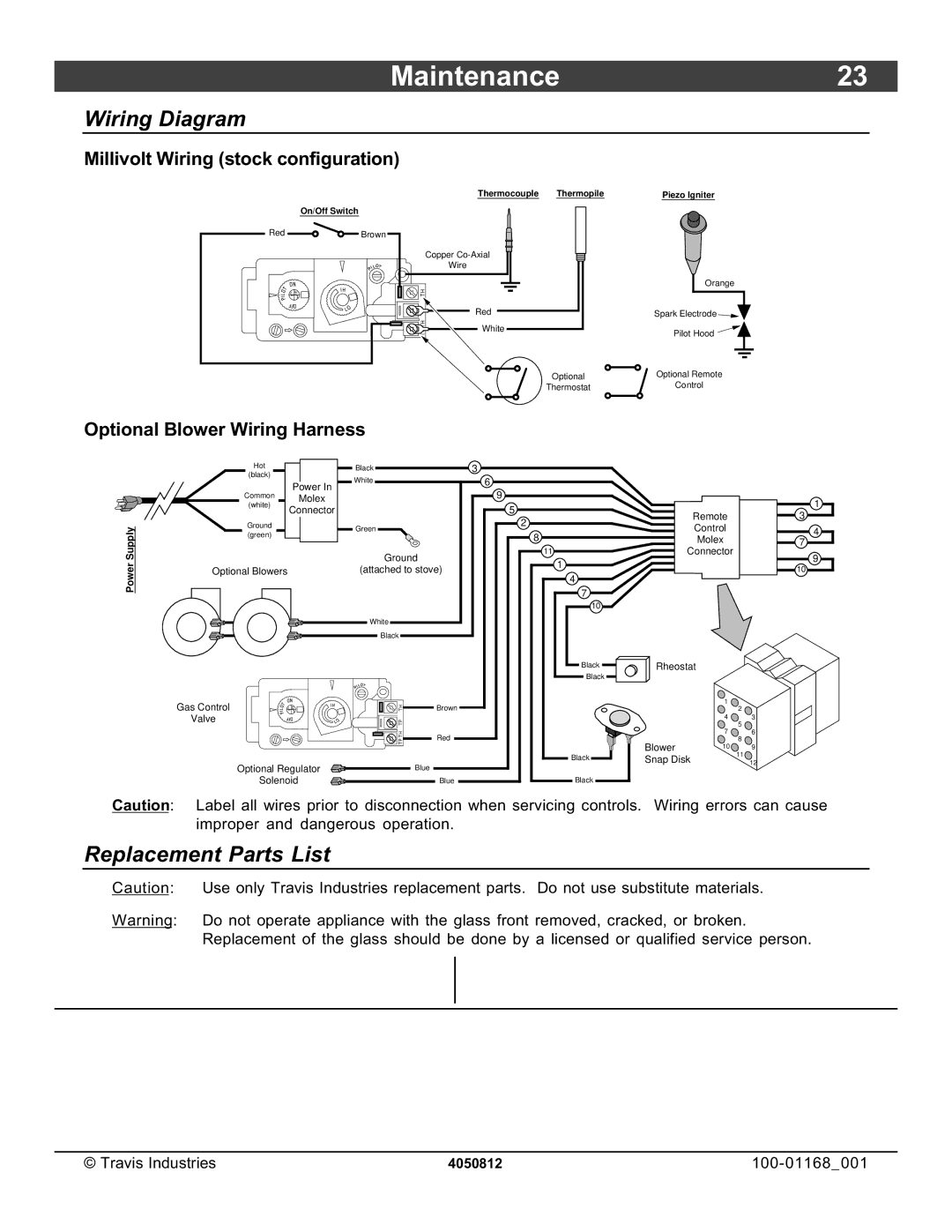 Lopi 864TRV owner manual Maintenance23, Wiring Diagram, Replacement Parts List, Millivolt Wiring stock configuration 