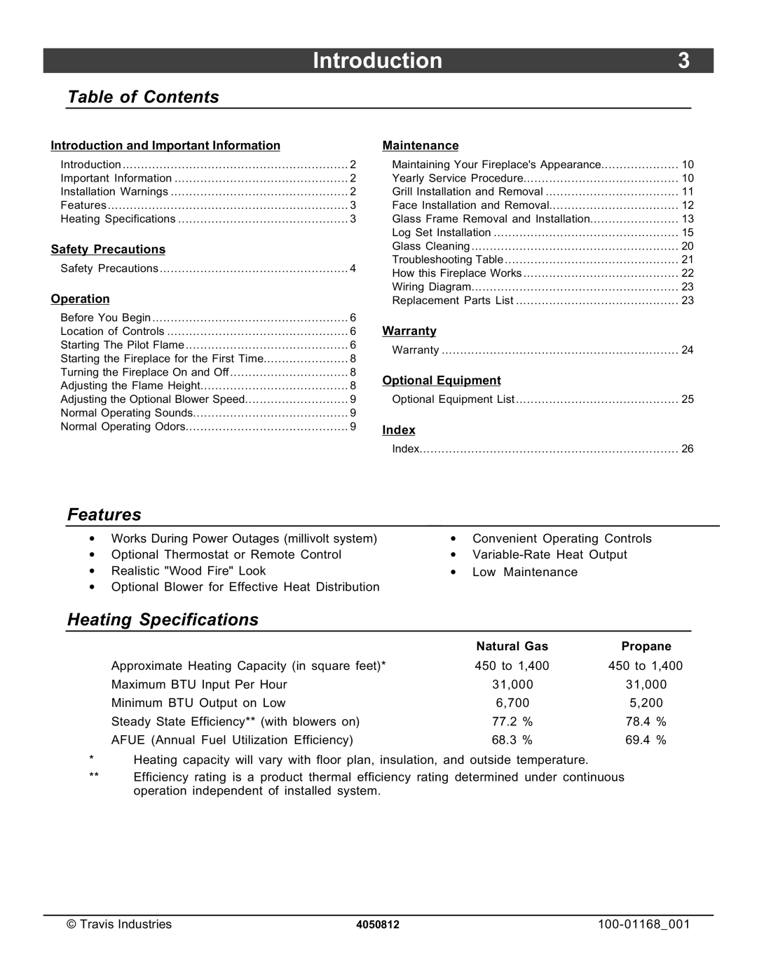 Lopi 864TRV owner manual Introduction3, Table of Contents, Features, Heating Specifications 