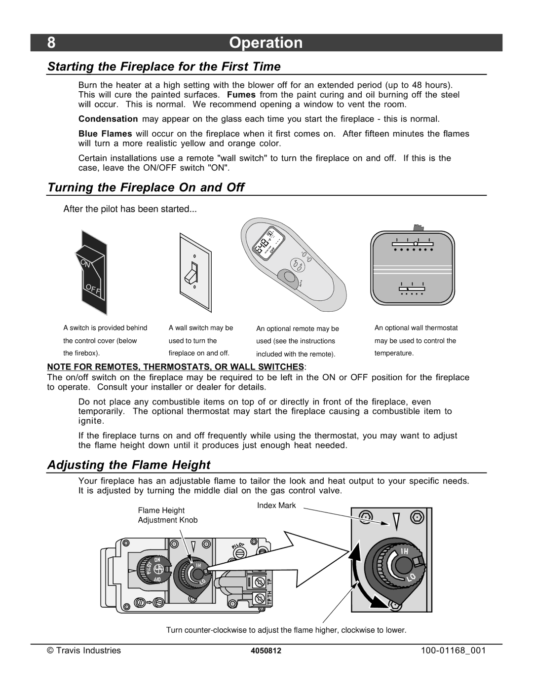 Lopi 864TRV owner manual 8Operation, Starting the Fireplace for the First Time, Turning the Fireplace On and Off 