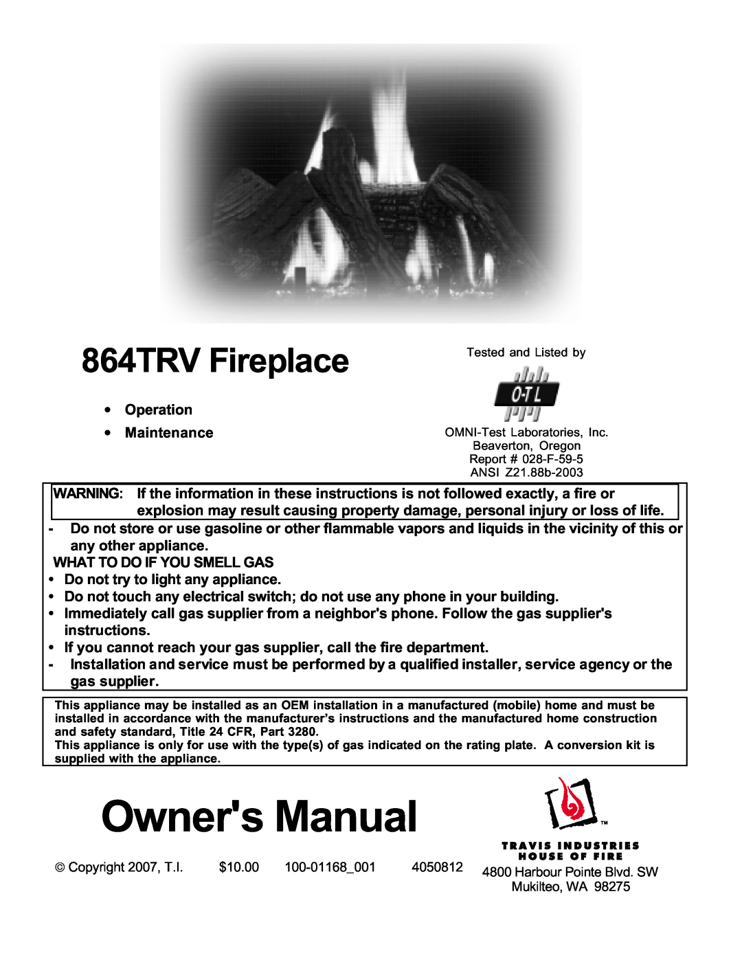 Lopi owner manual 864TRV Fireplace 