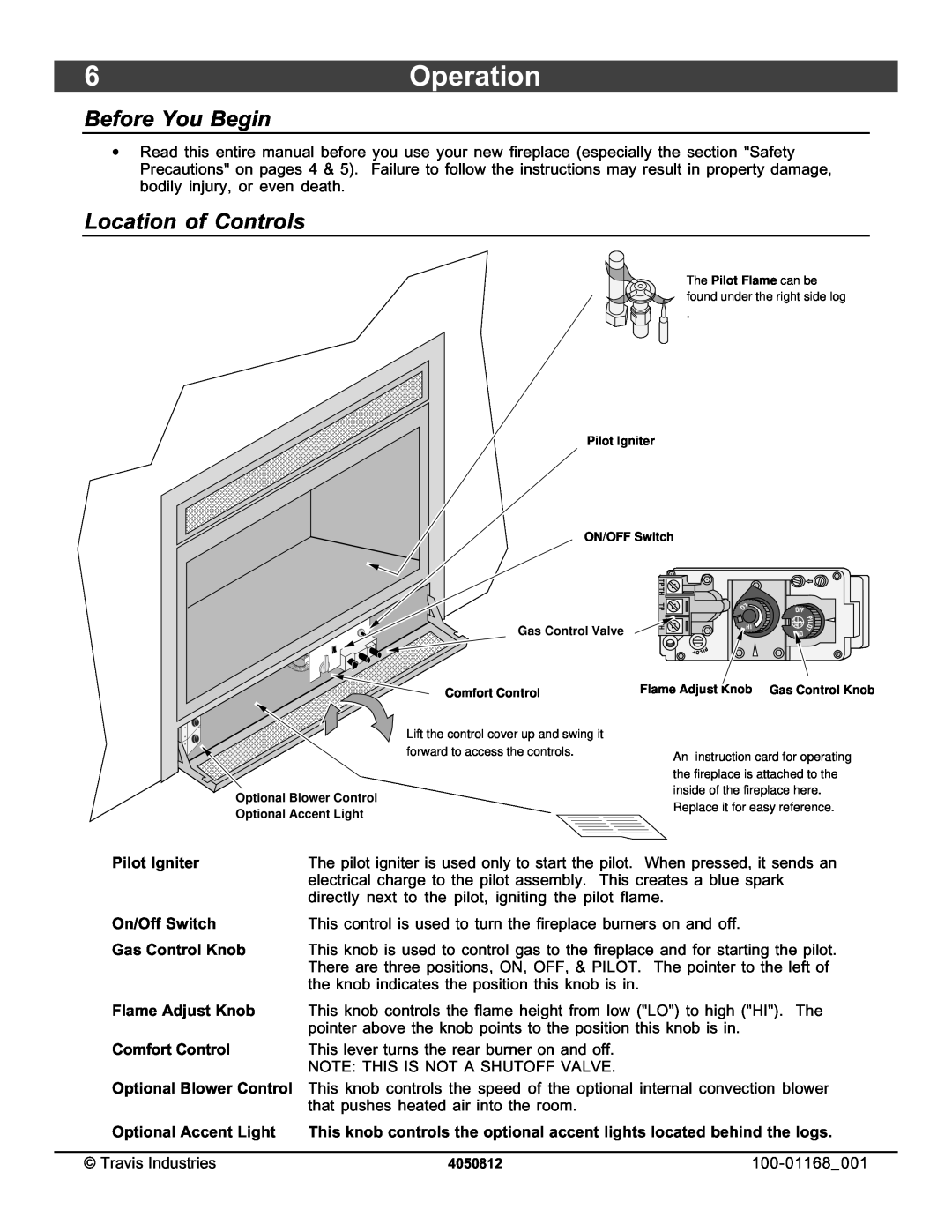 Lopi 864TRV owner manual 6Operation, Before You Begin, Location of Controls, Pilot Igniter, On/Off Switch, Gas Control Knob 