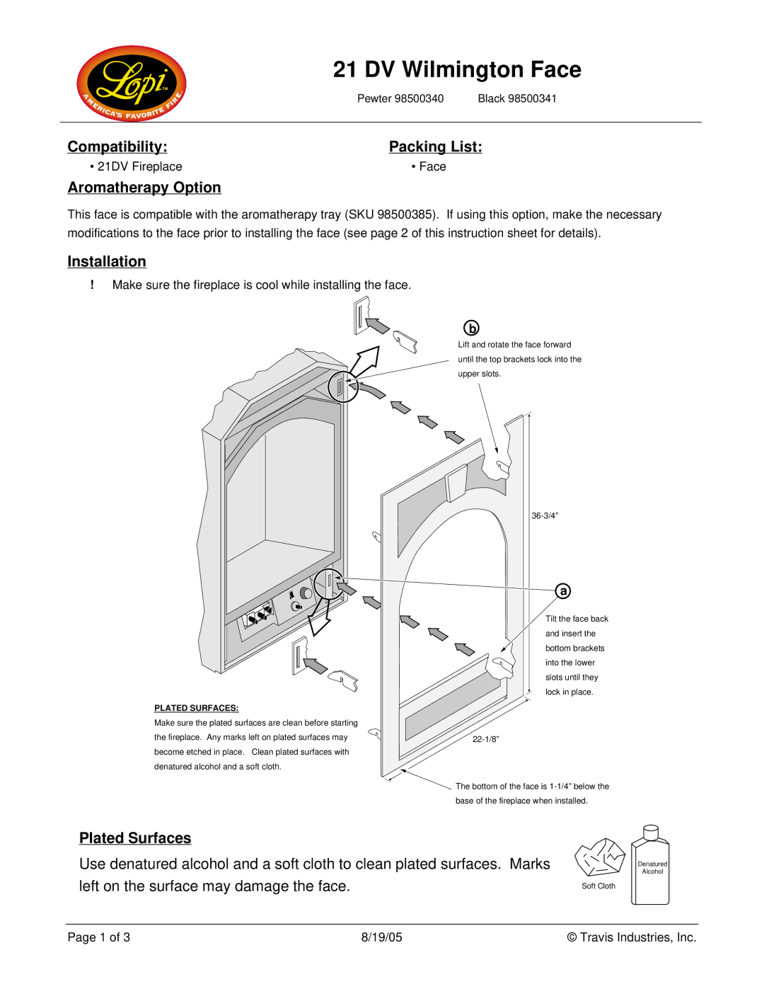 Lopi 98500340 instruction sheet Compatibility Packing List, Aromatherapy Option, Installation, Plated Surfaces 