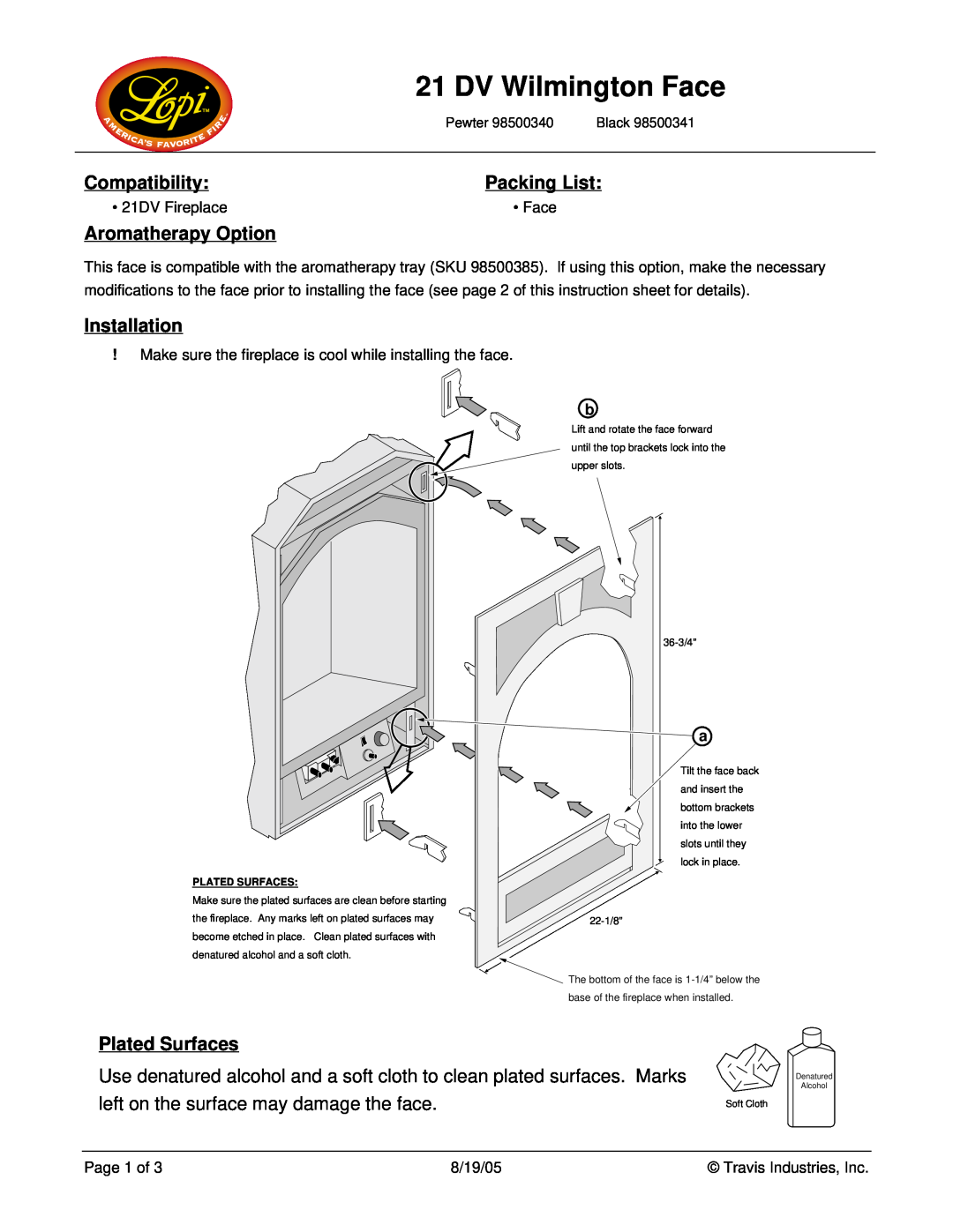 Lopi 98500340 instruction sheet Compatibility, Packing List, Aromatherapy Option, Installation, Plated Surfaces 