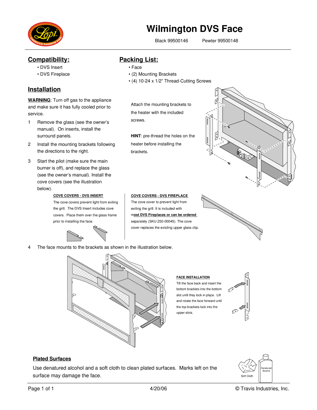 Lopi 99500146, 99500148 owner manual Wilmington DVS Face, Compatibility Packing List, Installation, Plated Surfaces 