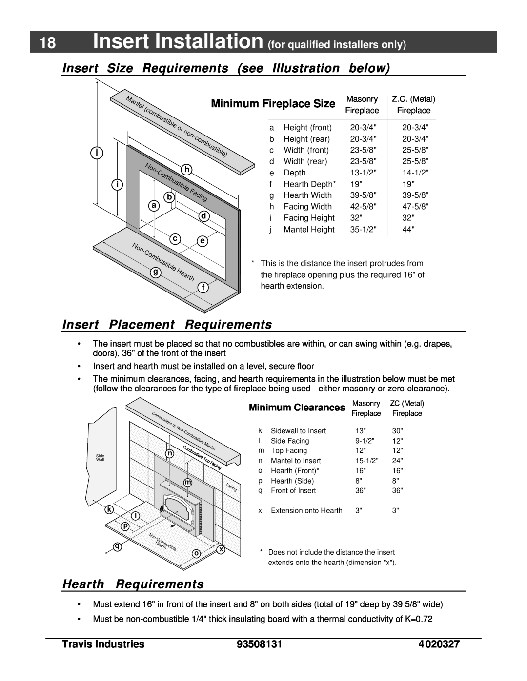 Lopi Answer Wood Stove Insert Size Requirements see Illustration below, Insert Placement Requirements, Hearth Requirements 
