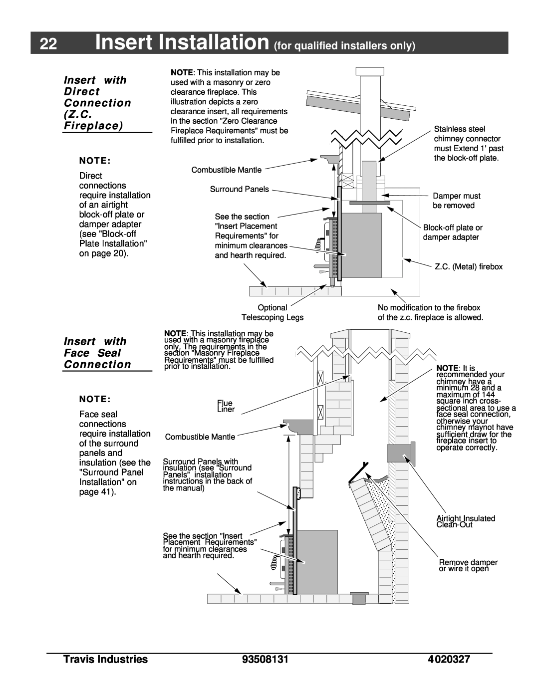 Lopi Answer Wood Stove owner manual Insert, with, Direct, Connection, Z . C, Fireplace, Face, Seal 