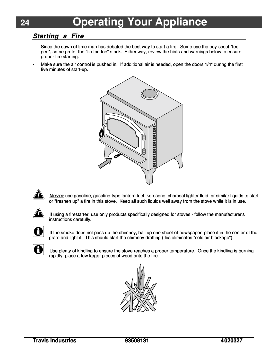 Lopi Answer Wood Stove owner manual Operating Your Appliance, Starting a Fire 