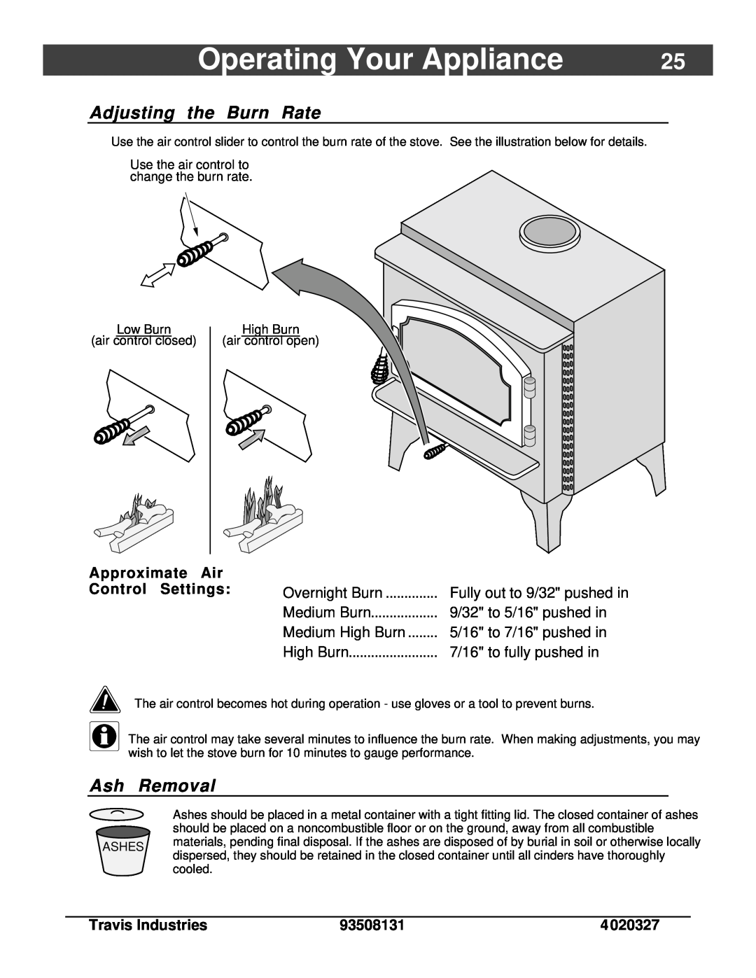 Lopi Answer Wood Stove owner manual Operating Your Appliance, Adjusting the Burn Rate, Ash Removal, Low Burn, High Burn 