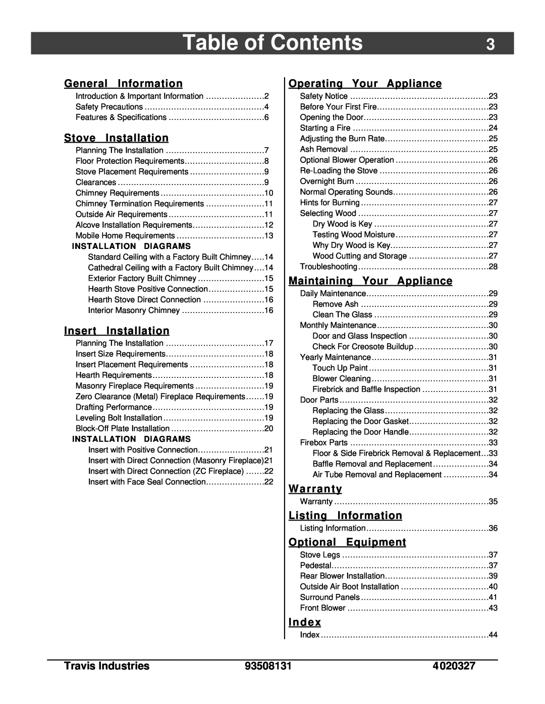 Lopi Answer Wood Stove owner manual Table of Contents 