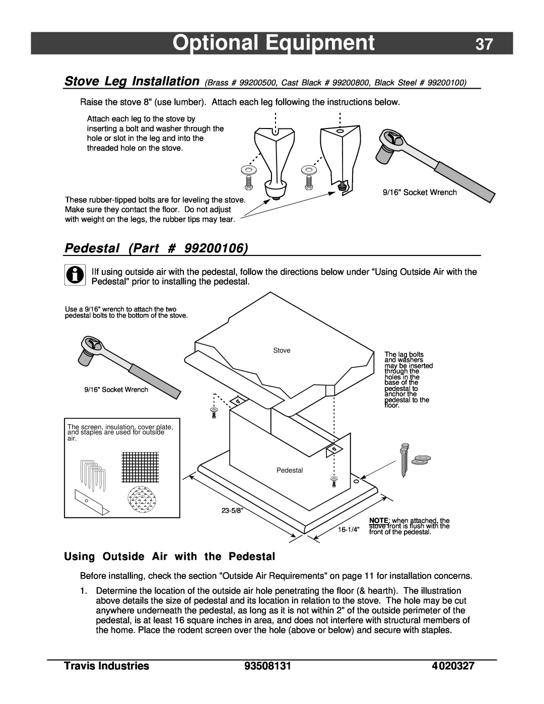 Lopi Answer Wood Stove owner manual Optional Equipment, Pedestal 