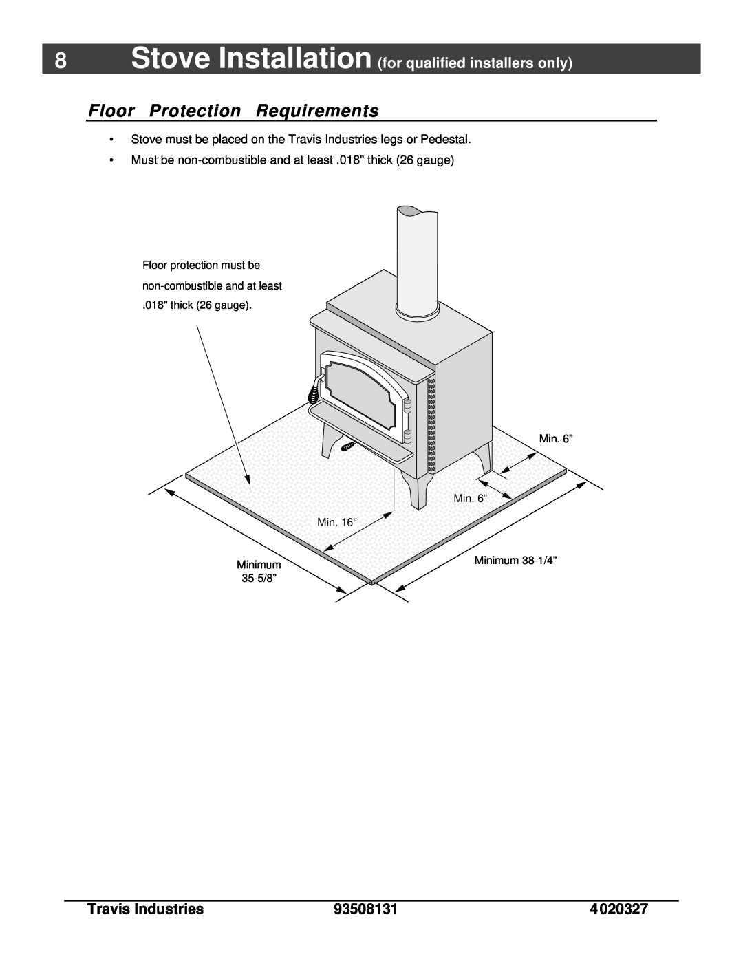 Lopi Answer Wood Stove Floor Protection Requirements, Stove Installation for qualified installers only, Min. 6”, Min. 16” 