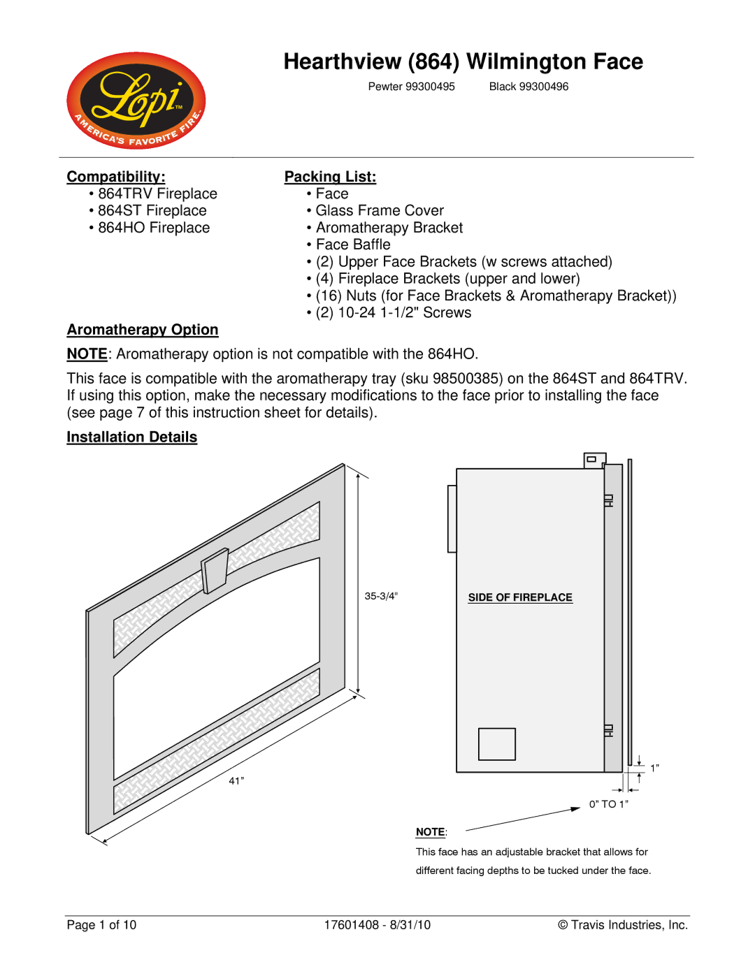 Lopi PEWTER 99300495 instruction sheet Compatibility Packing List, Aromatherapy Option, Installation Details 