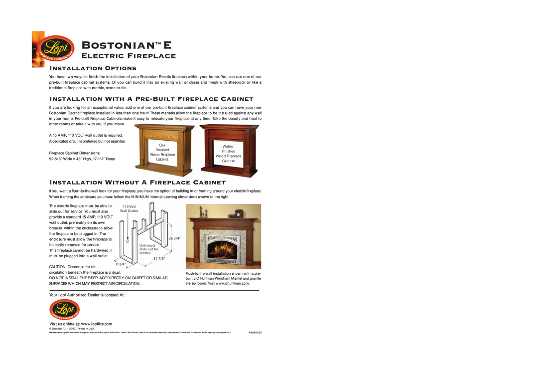 Lopi Bostonian E Bostoniantm E, Electric Fireplace, Installation Options, Installation With A Pre-BuiltFireplace Cabinet 
