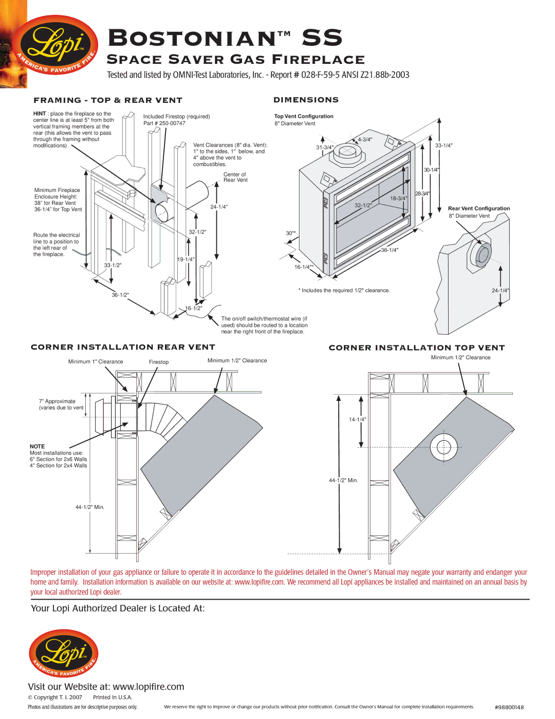 Lopi Bostonian SS manual Framing TOP & Rear Vent 