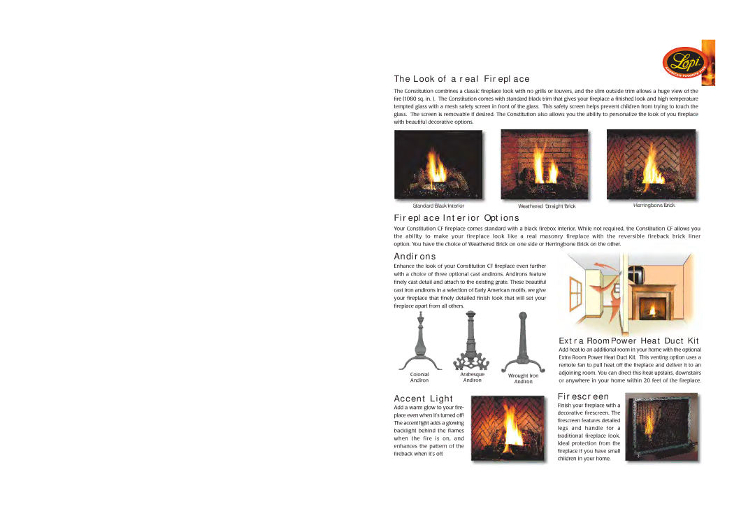 Lopi Clean Face Gas Fireplace Look of a Real Fireplace, Fireplace Interior Options, Andirons, Accent Light, Firescreen 