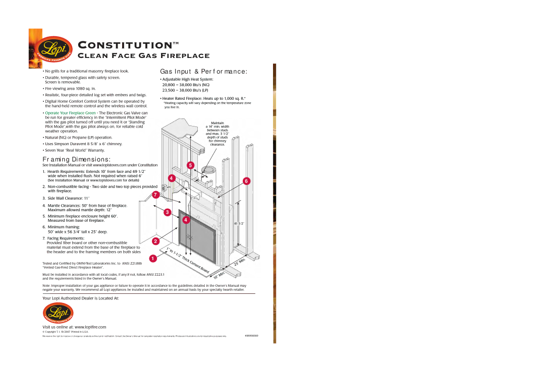 Lopi Clean Face Gas Fireplace dimensions GAS Input & Performance, Framing Dimensions 