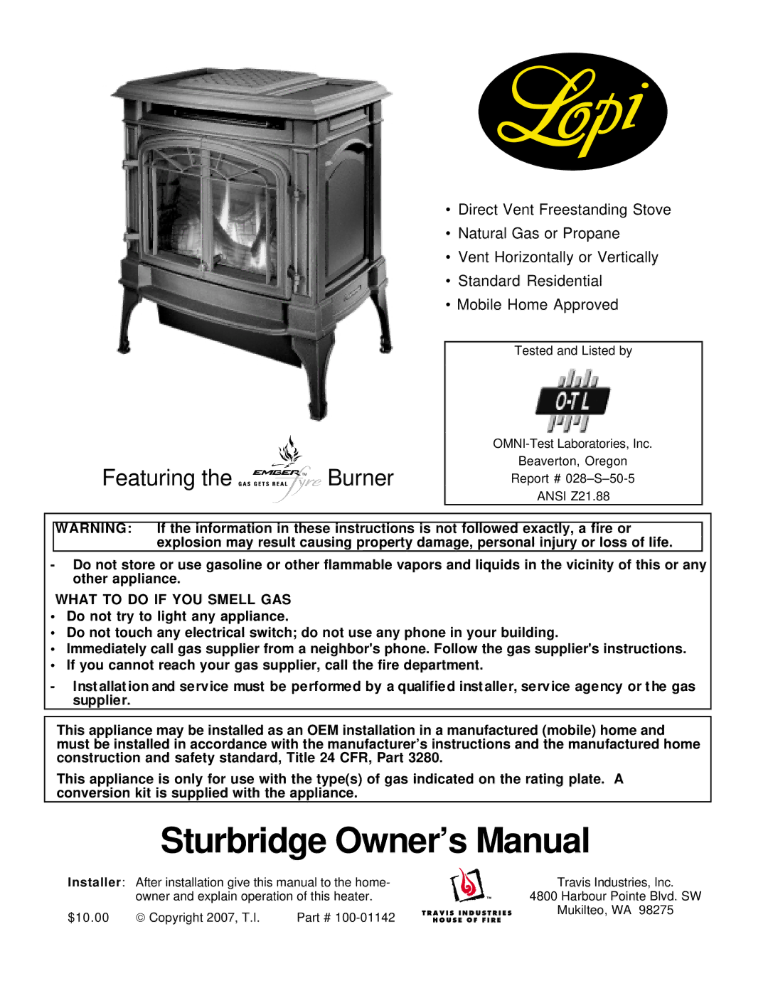 Lopi Direct Vent Freestanding Stove owner manual Featuring the Burner 