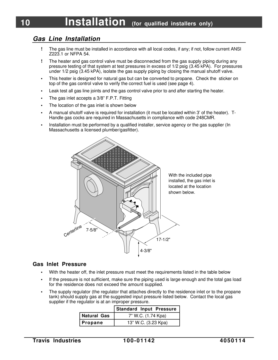 Lopi Direct Vent Freestanding Stove owner manual Gas Line Installation, Gas Inlet Pressure 