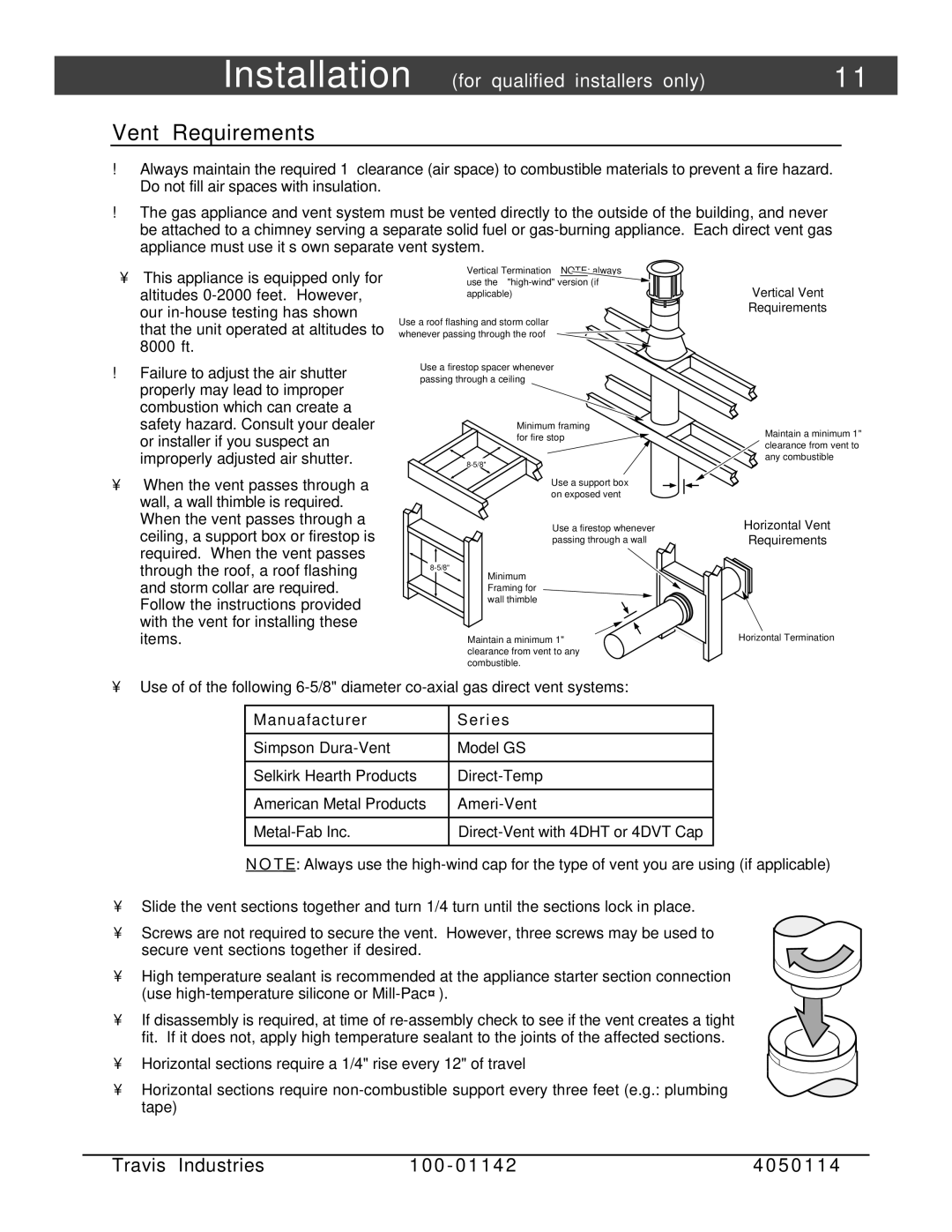 Lopi Direct Vent Freestanding Stove owner manual Vent Requirements, Manuafacturer R i e s 