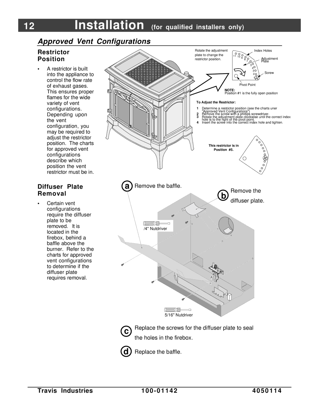 Lopi Direct Vent Freestanding Stove owner manual Approved Vent Configurations, Restrictor Position, Diffuser Plate Removal 