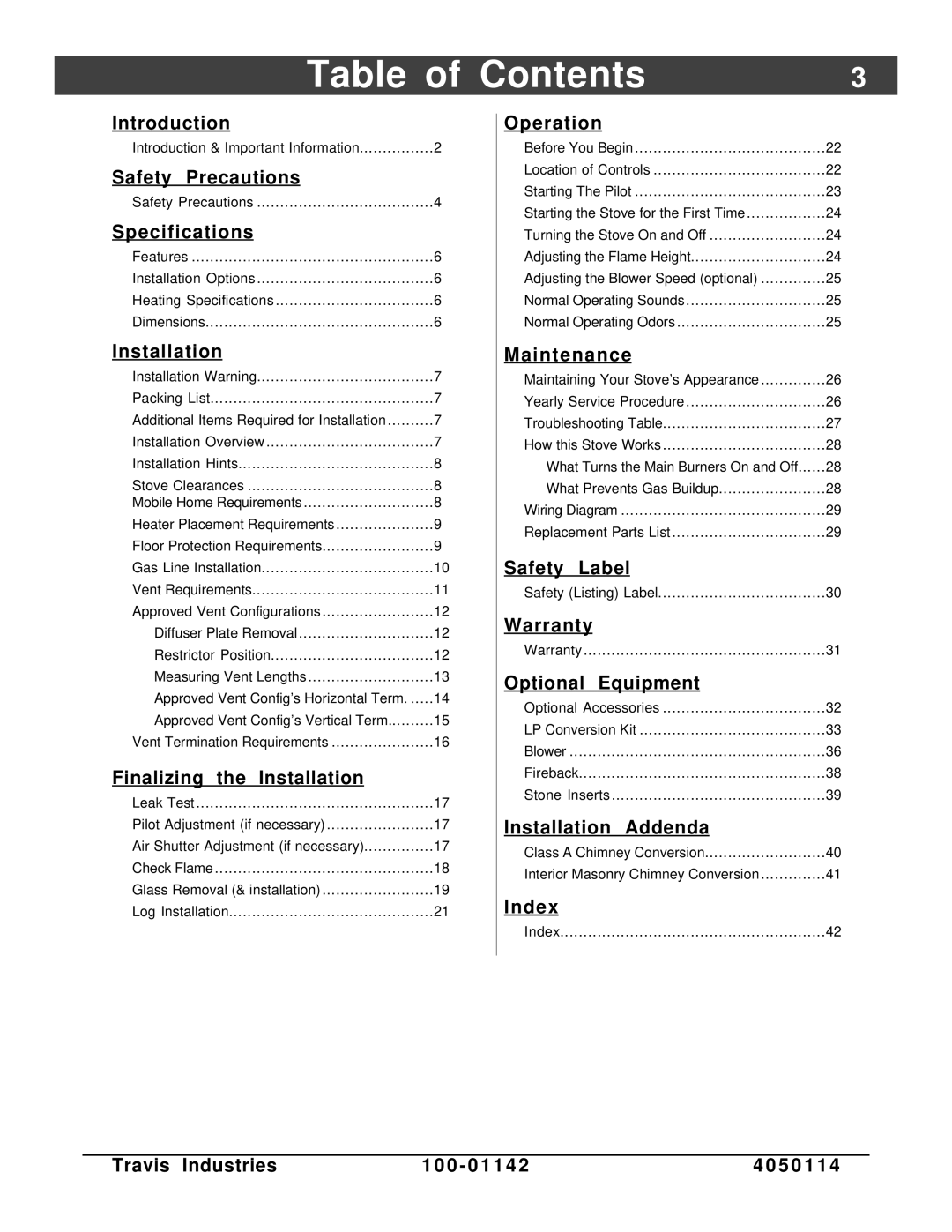 Lopi Direct Vent Freestanding Stove owner manual Table of Contents 