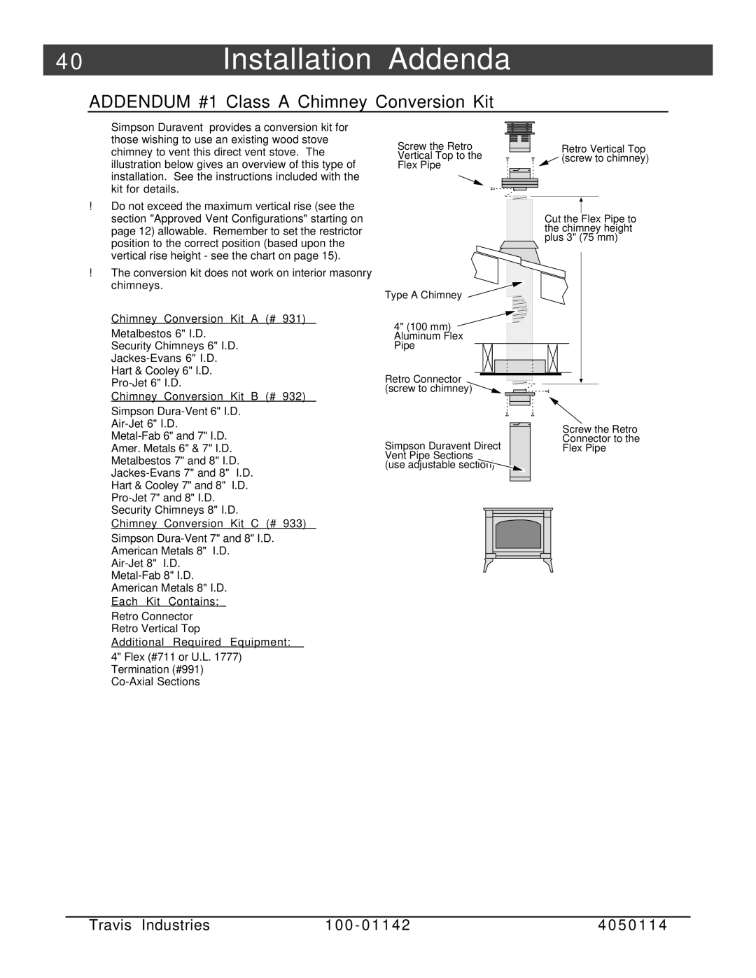 Lopi Direct Vent Freestanding Stove owner manual 0Installation Addenda, Addendum #1 Class a Chimney Conversion Kit 