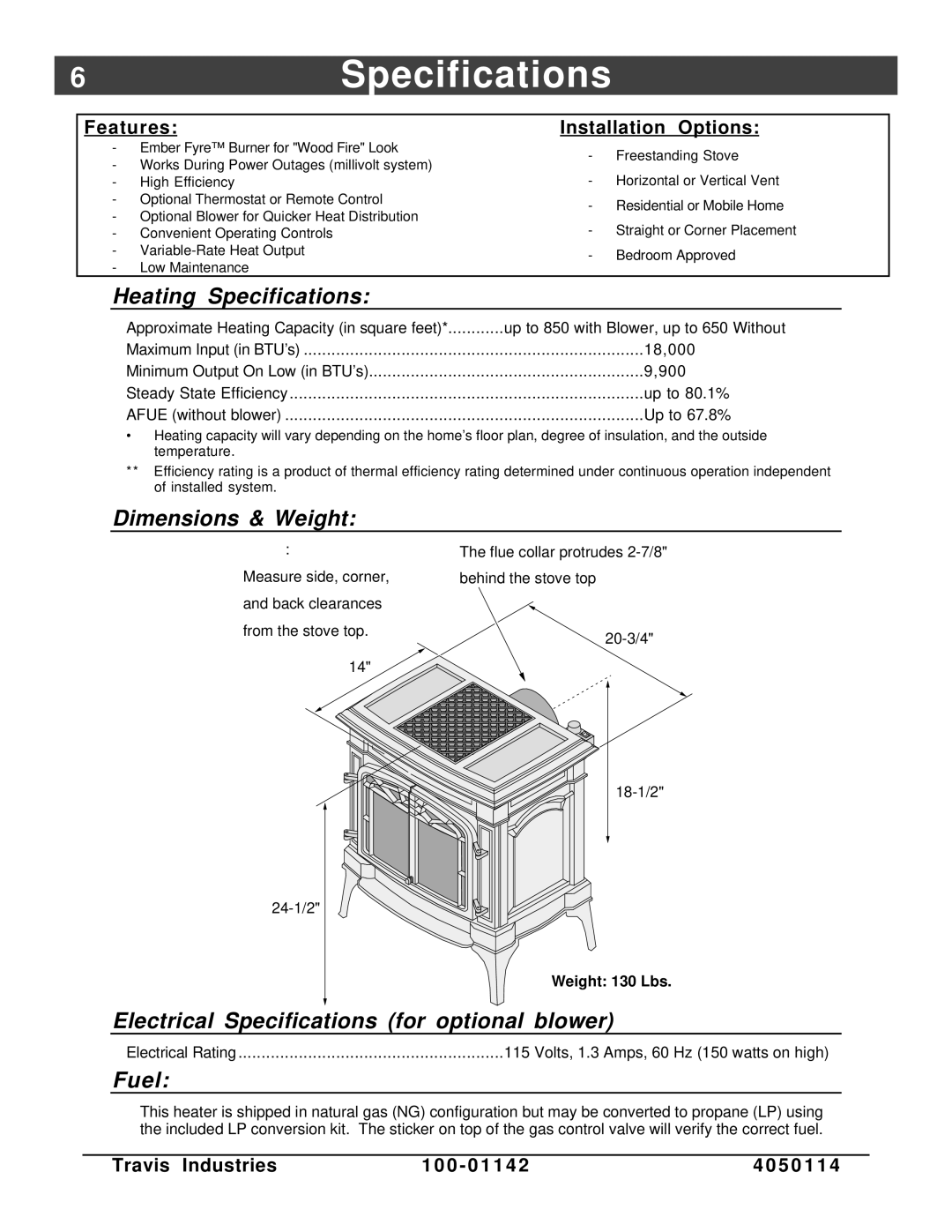 Lopi Direct Vent Freestanding Stove owner manual 6Specifications, Heating Specifications, Dimensions & Weight, Fuel 