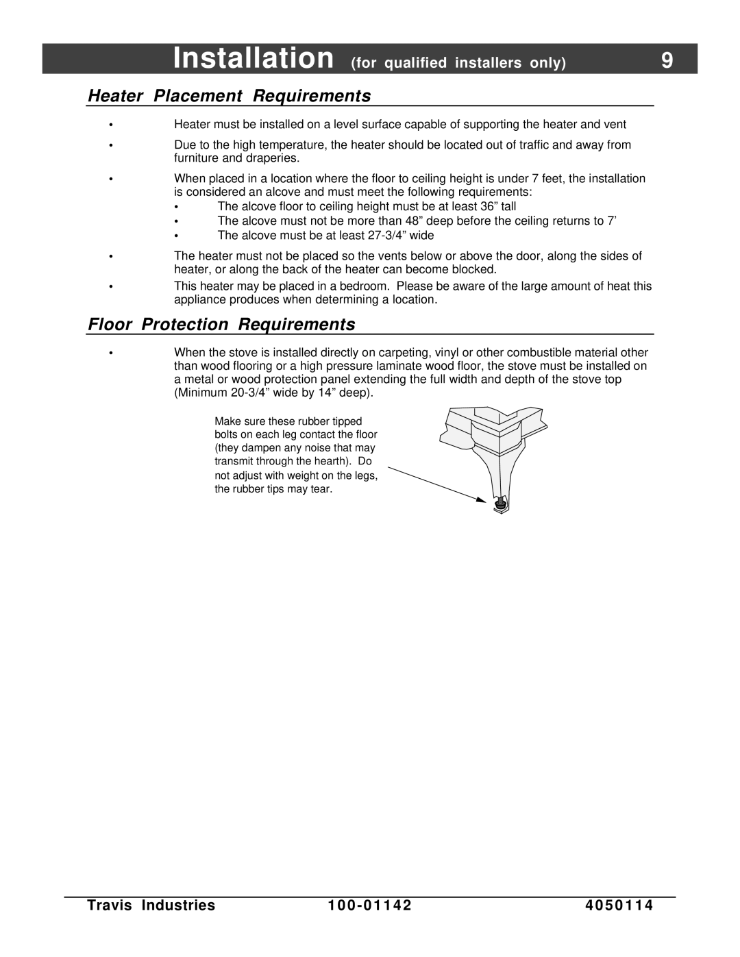 Lopi Direct Vent Freestanding Stove owner manual Heater Placement Requirements, Floor Protection Requirements 