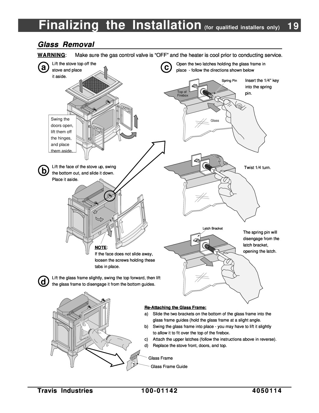 Lopi Direct Vent Freestanding Stove owner manual Glass Removal, Travis Industries, 1 0 0 - 0 1, 4 0 5 