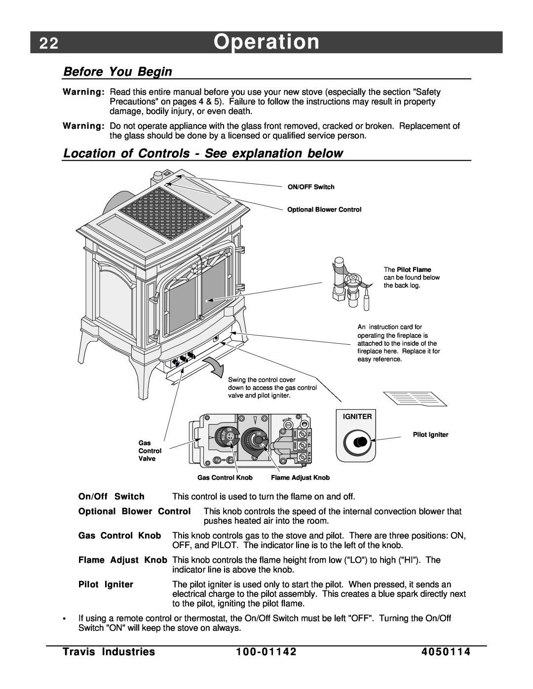 Lopi Direct Vent Freestanding Stove 2 2Operation, Before You Begin, Location of Controls - See explanation below, 4 0 