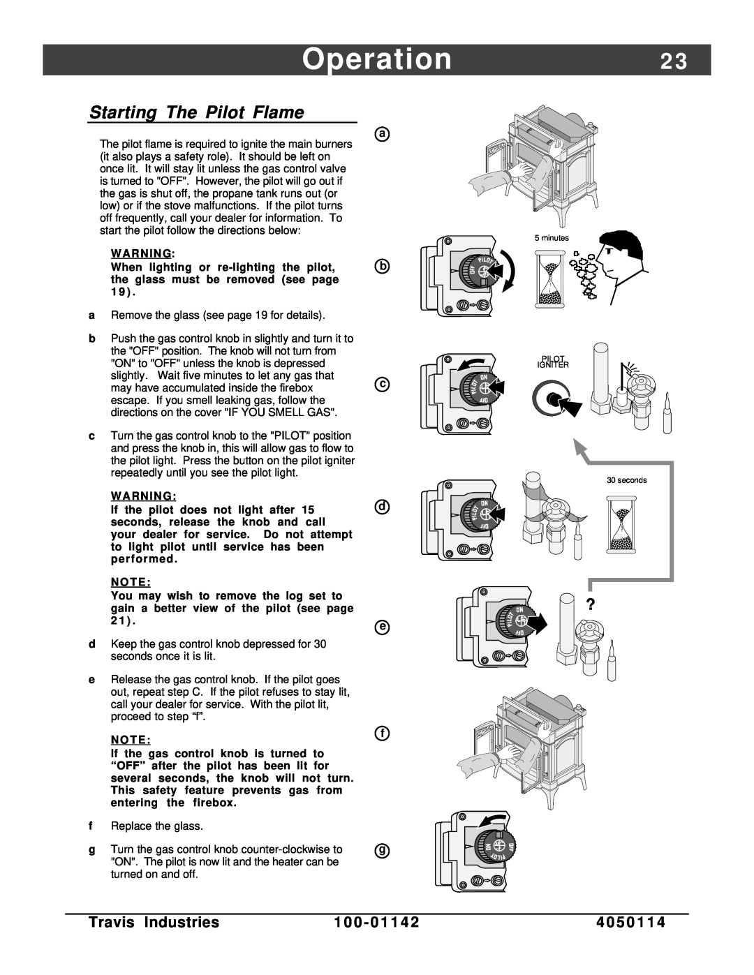 Lopi Direct Vent Freestanding Stove owner manual Operation, Starting The Pilot Flame, Travis Industries, 4 0 5 0 1 