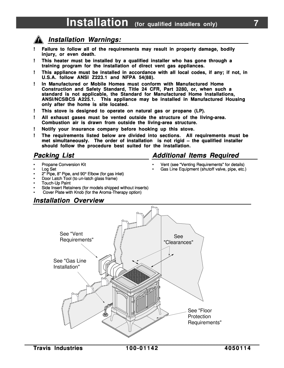 Lopi Direct Vent Freestanding Stove Installation Warnings, Packing List, Additional Items Required, Installation Overview 