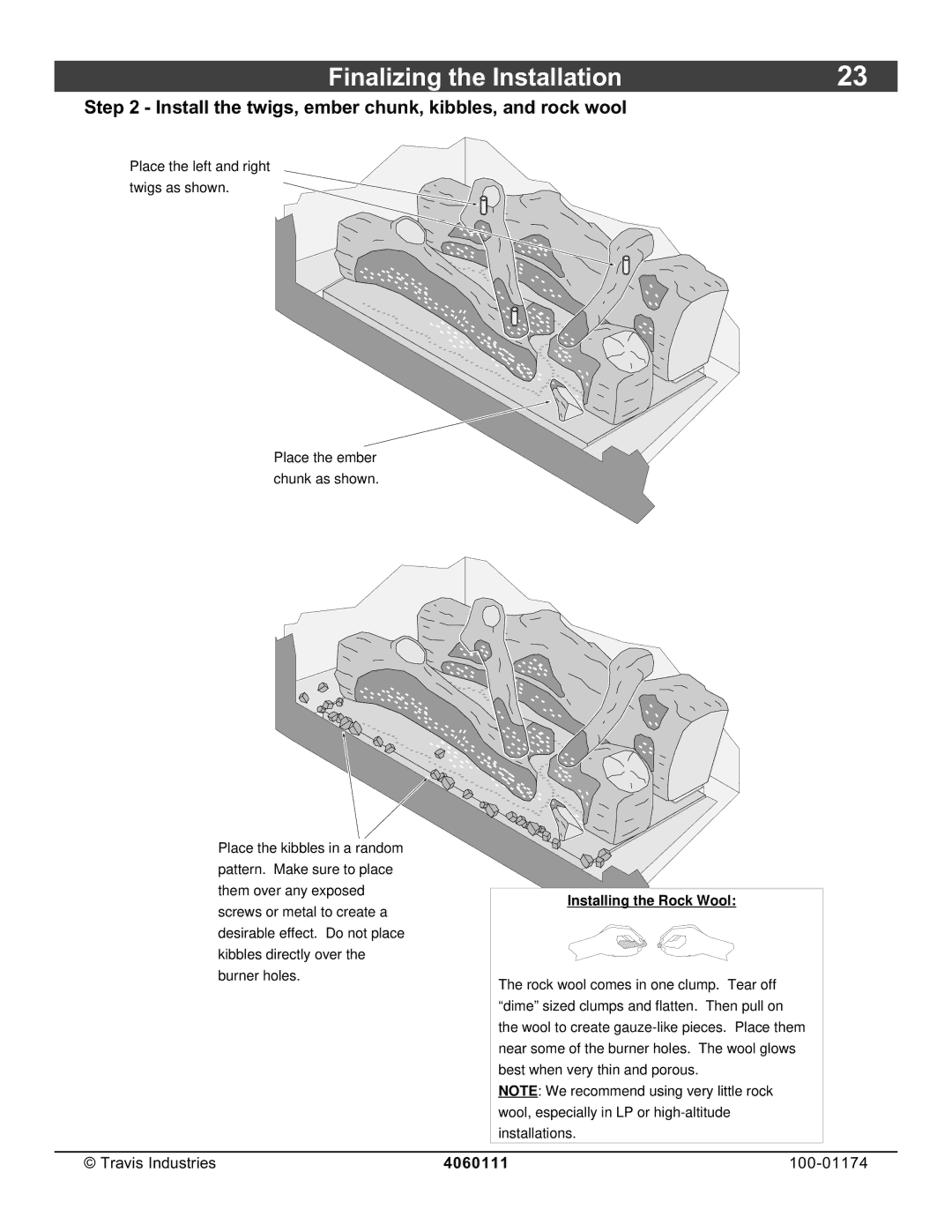 Lopi DVL Insert EF II owner manual Install the twigs, ember chunk, kibbles, and rock wool, Installing the Rock Wool 