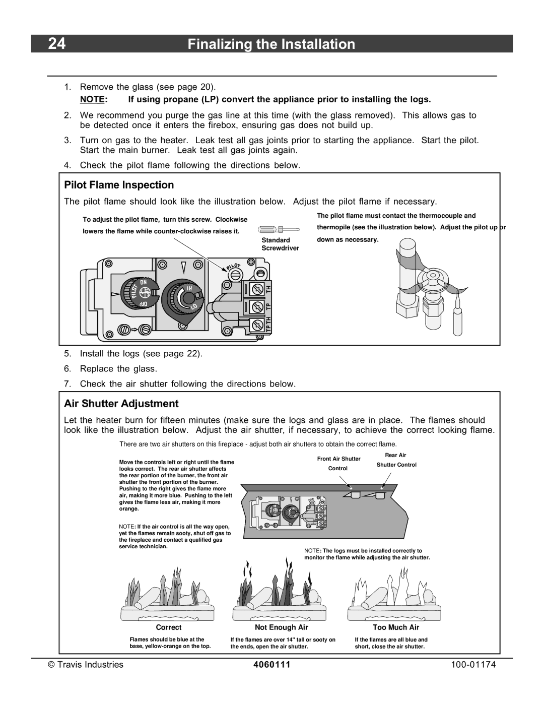 Lopi DVL Insert EF II owner manual Steps for Finalizing the Installation, Pilot Flame Inspection, Air Shutter Adjustment 