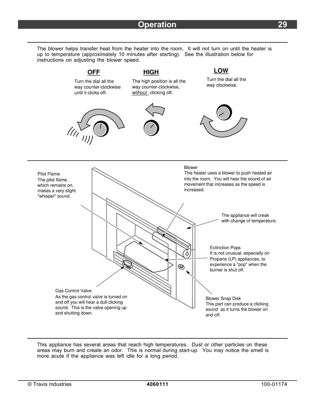 Lopi DVL Insert EF II owner manual Operation29, Adjusting the Blower Speed, Normal Operating Sounds, Normal Operating Odors 