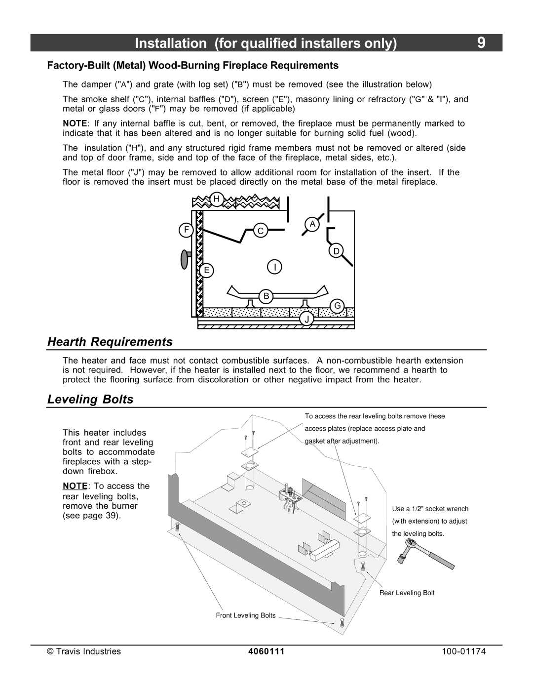 Lopi DVL Insert EF II Hearth Requirements, Leveling Bolts, Factory-Built Metal Wood-Burning Fireplace Requirements 