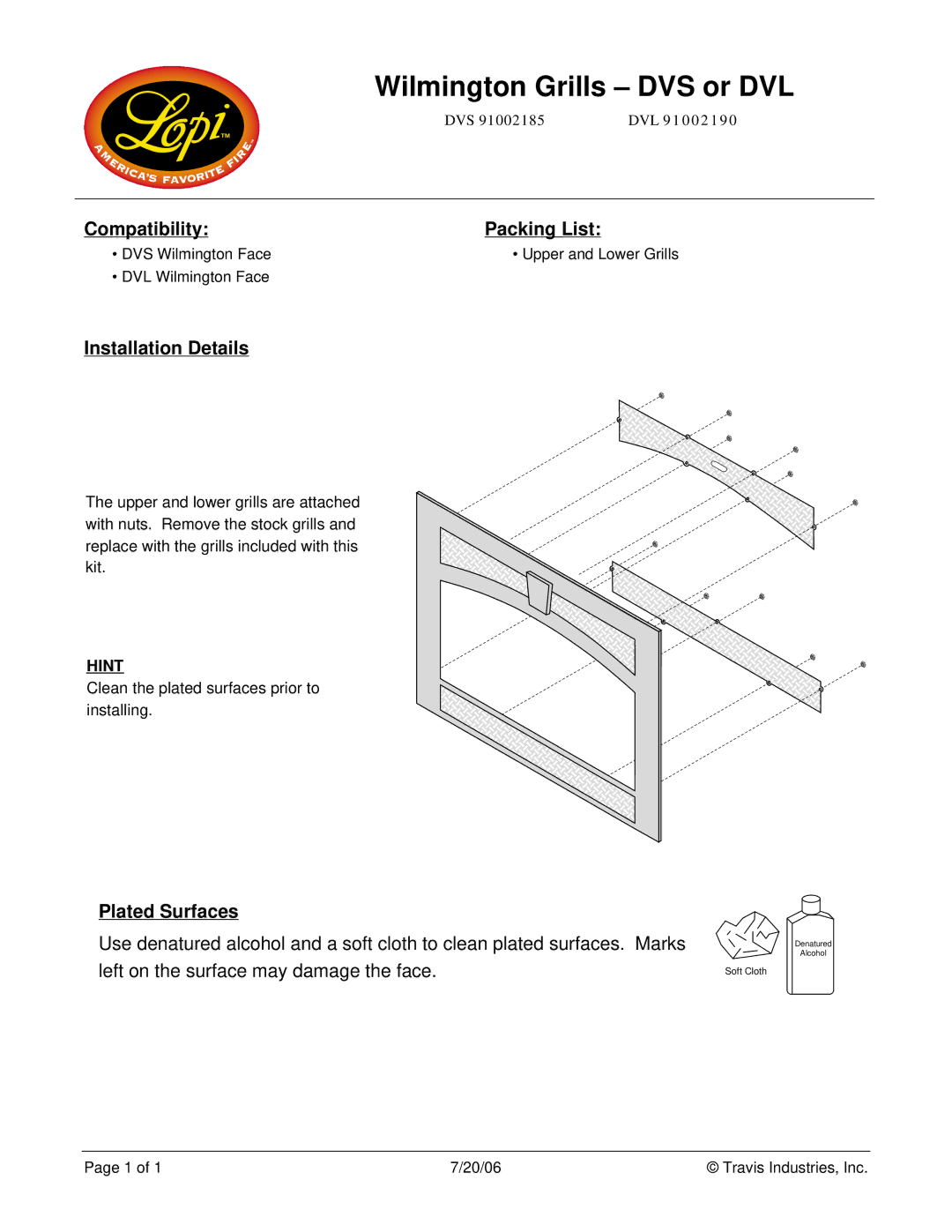 Lopi DVL 91002190 manual Wilmington Grills DVS or DVL, Compatibility Packing List, Installation Details, Plated Surfaces 