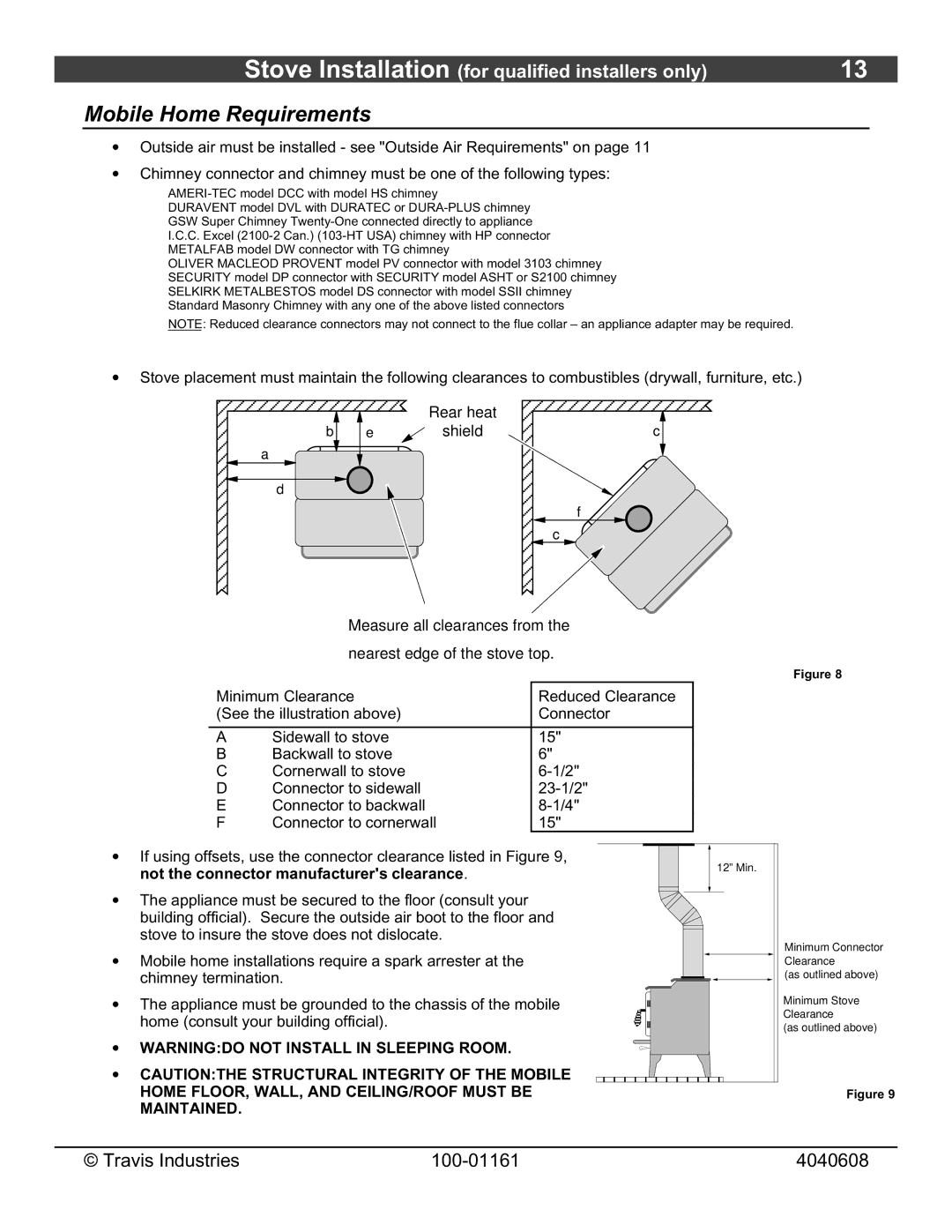 Lopi Endeavor owner manual Mobile Home Requirements 