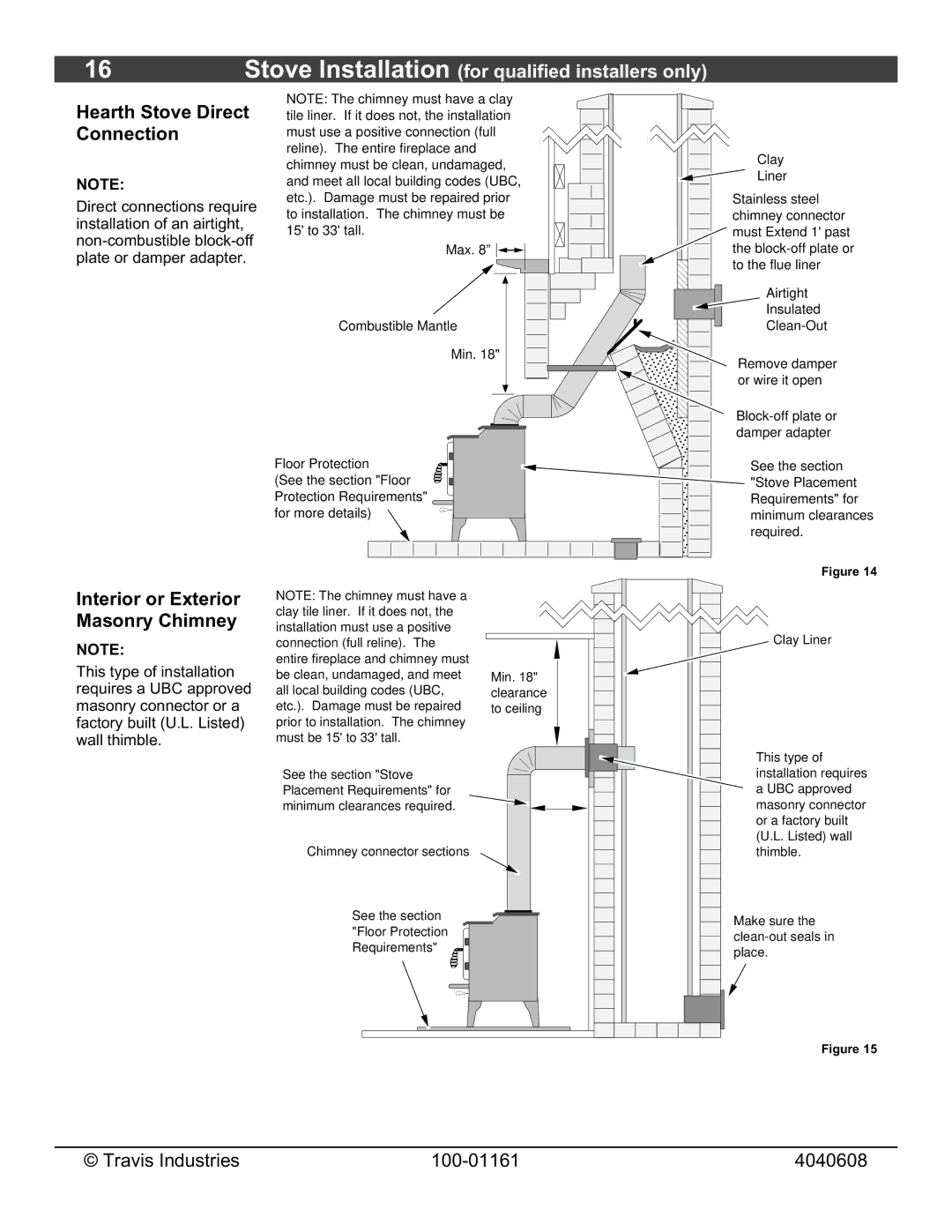 Lopi Endeavor owner manual Hearth Stove Direct Connection, Interior or Exterior Masonry Chimney 