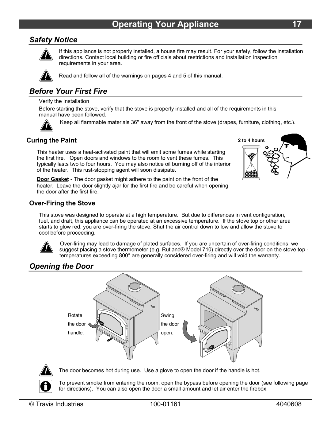 Lopi Endeavor owner manual Operating Your Appliance, Safety Notice, Before Your First Fire, Opening the Door 