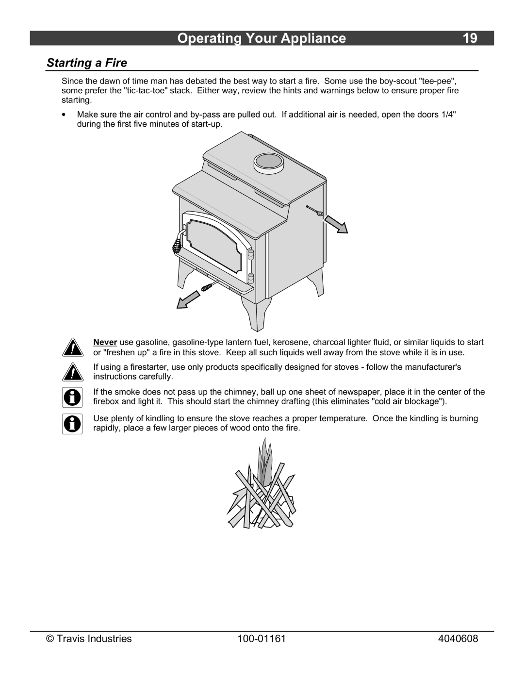 Lopi Endeavor owner manual Starting a Fire 