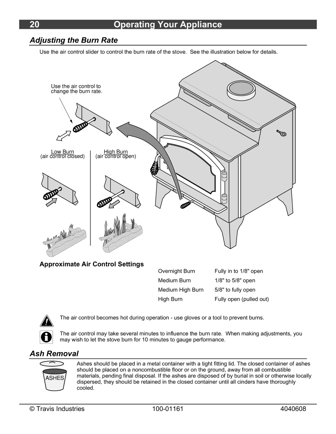 Lopi Endeavor owner manual Adjusting the Burn Rate, Ash Removal, Approximate Air Control Settings 