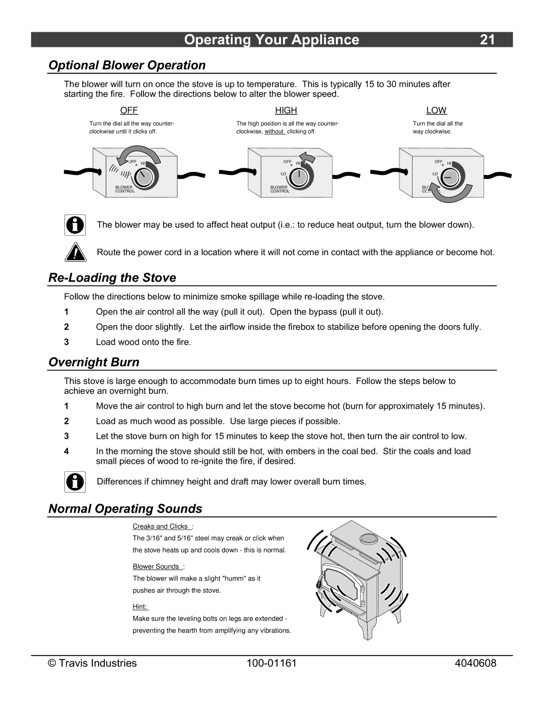 Lopi Endeavor owner manual Optional Blower Operation, Re-Loading the Stove, Overnight Burn, Normal Operating Sounds 