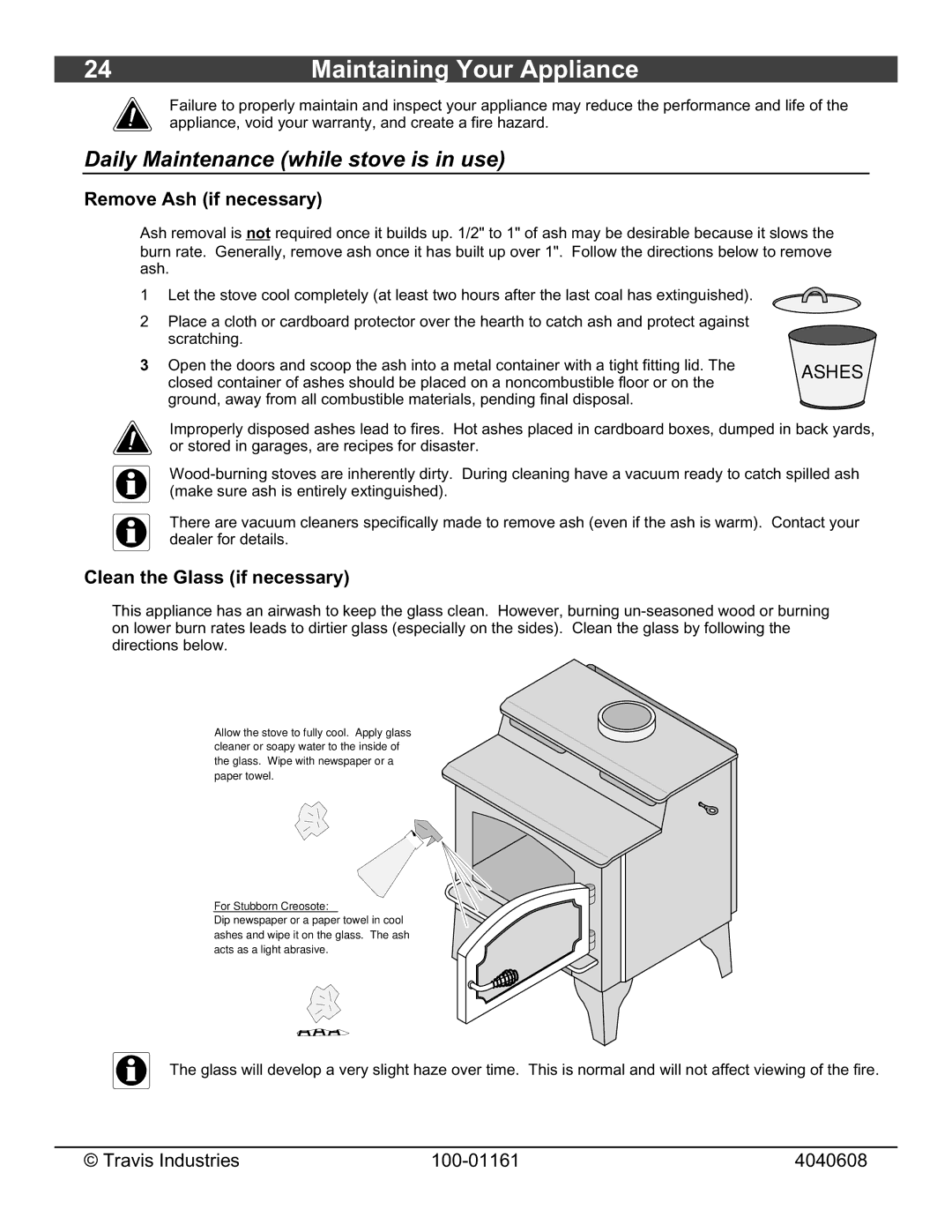 Lopi Endeavor owner manual Maintaining Your Appliance, Daily Maintenance while stove is in use, Remove Ash if necessary 