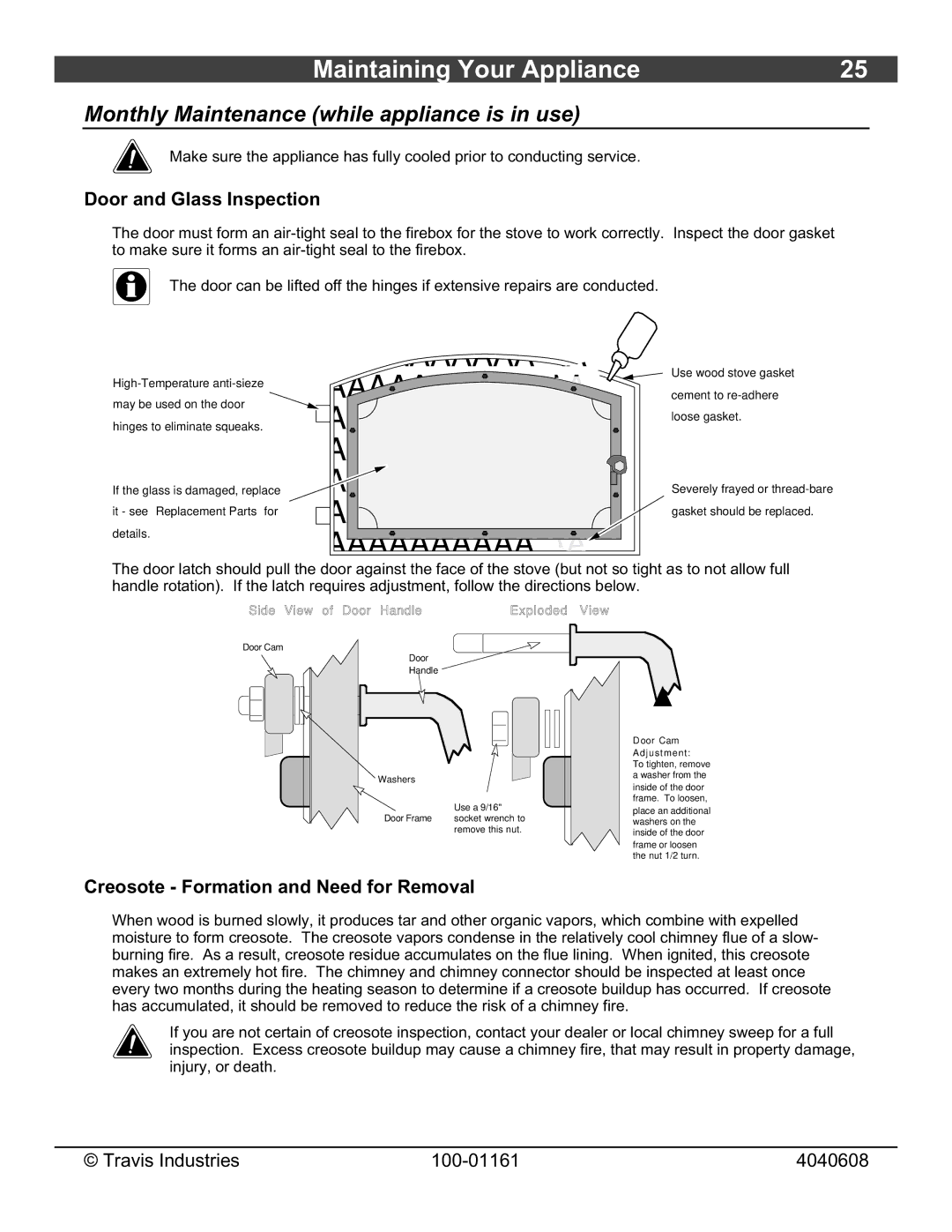 Lopi Endeavor owner manual Monthly Maintenance while appliance is in use, Door and Glass Inspection 